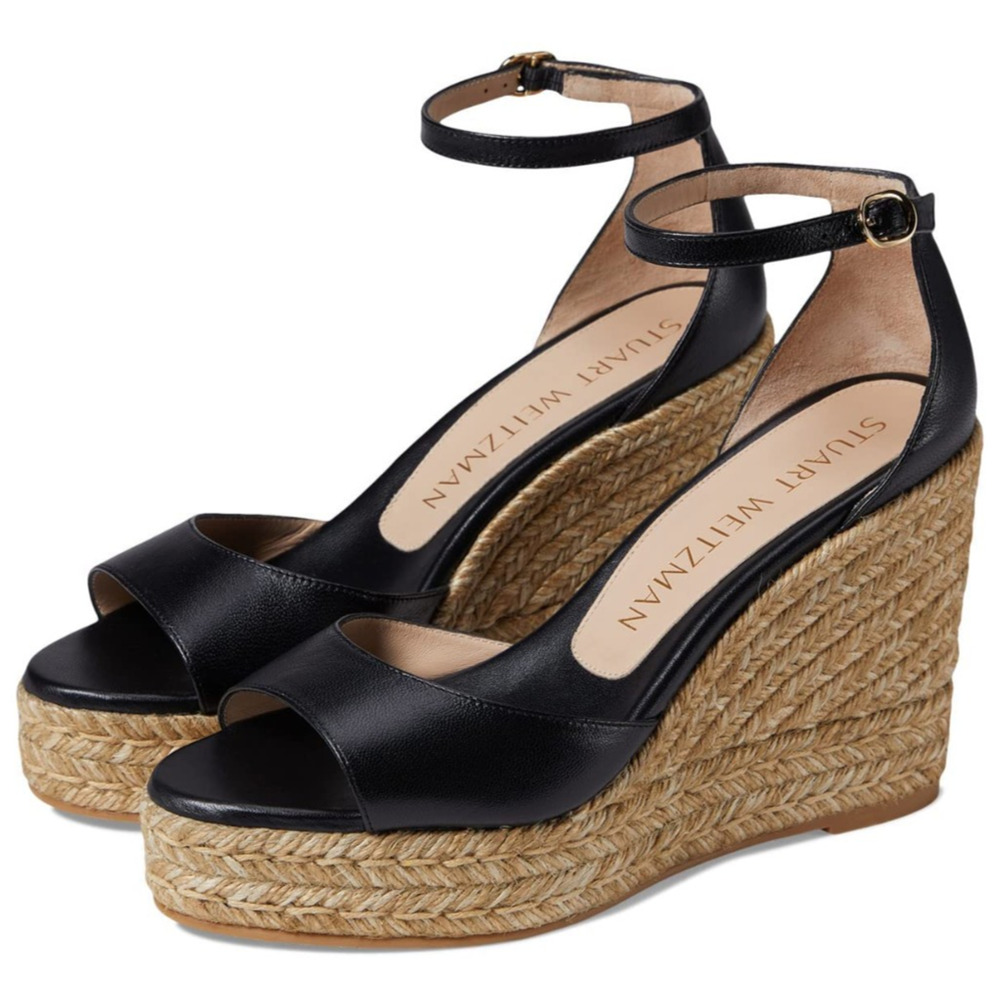 Stuart Weitzman Nudist Espadrille Wedge Sandal Black Size 8C Wide